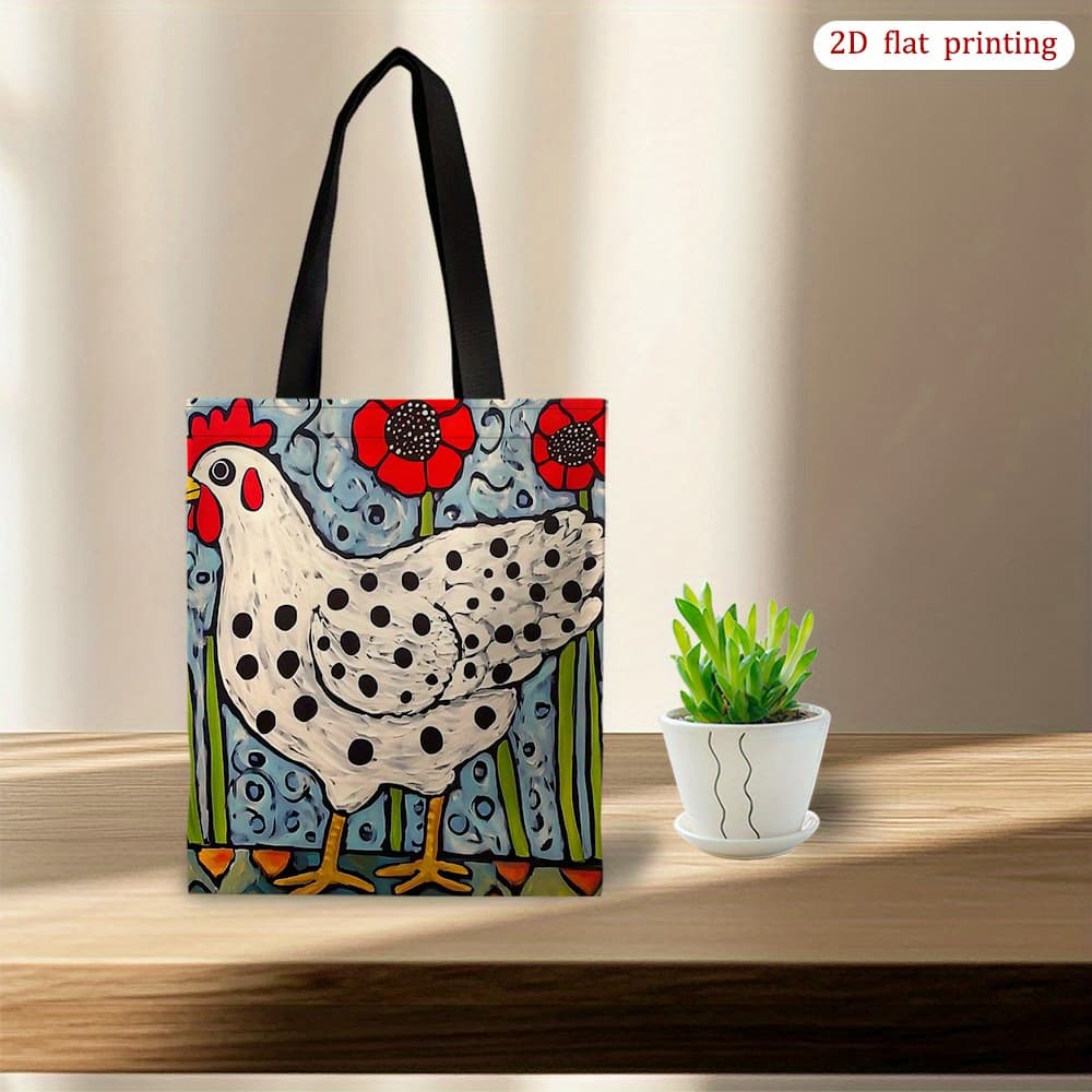 TEMU 1pc [2d Flat Printing] Retro Spotted Chicken Tote Bag - Lightweight & Durable, Perfect For Shopping - Stylish Shoulder Bag, Versatile Large Capacity, Gift, 2d Flat