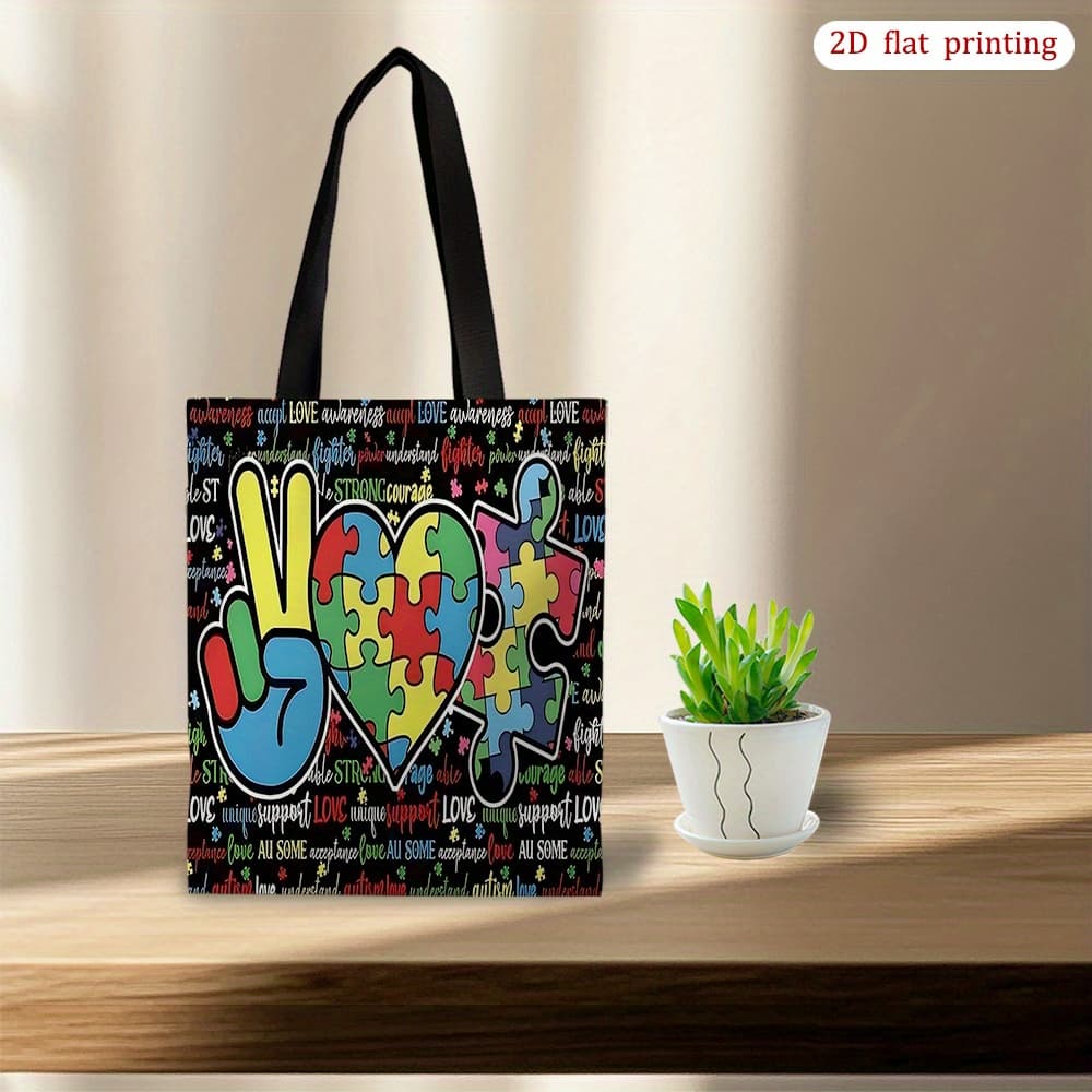 TEMU 1pc [2d Flat Printing] Tote Bag For Autism Awareness, A Shoulder Bag Ideal For Casual , Shopping, Travel, And Everyday Use, Featuring A Spacious Interior And A
