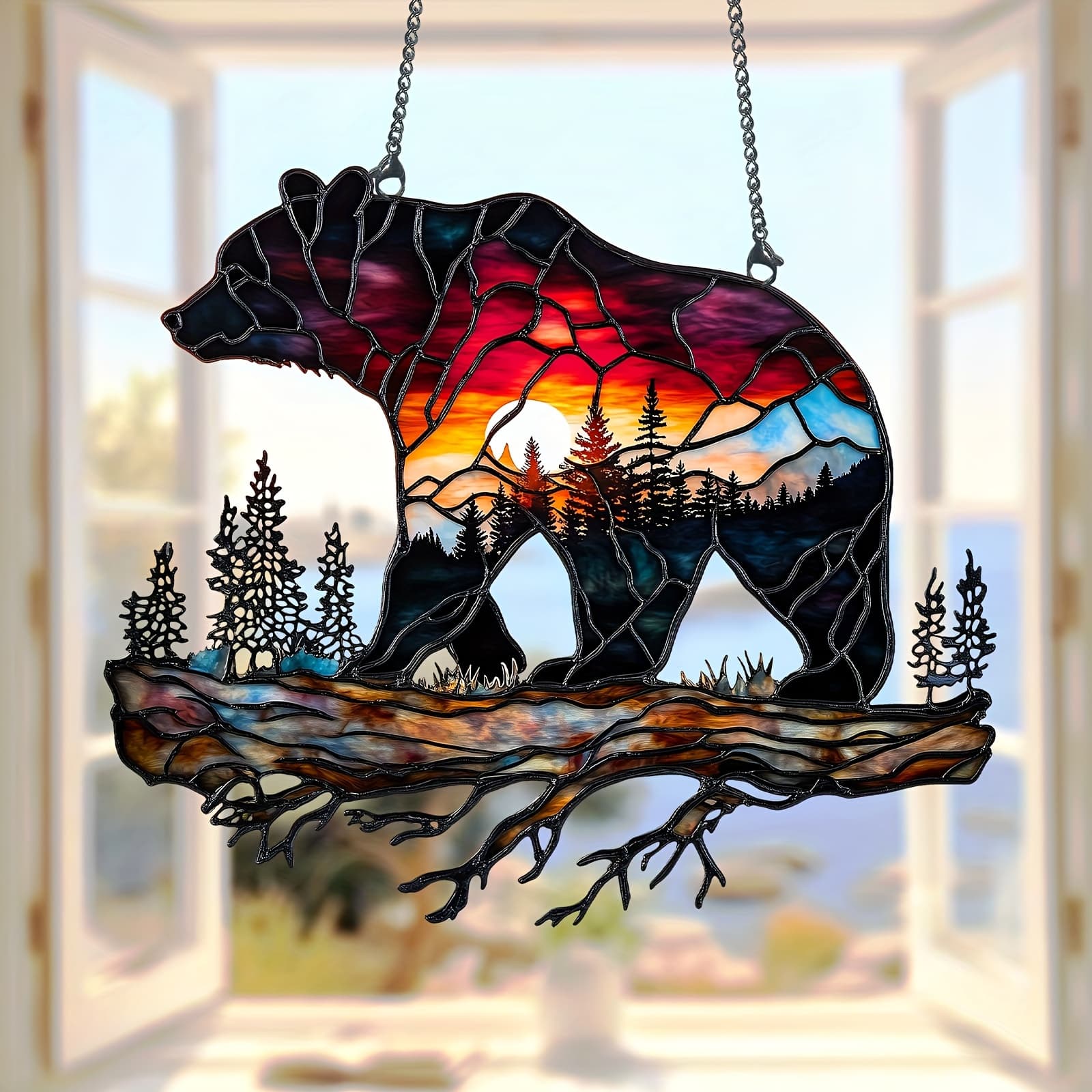 TEMU 2d Flat, 2d Acrylic Sun Catcher With Colorful Bear Silhouette – Forest Sunset Design, Vibrant Colors, Wall Hanging Decor For Home, Cafe, Restaurant, Or Bar – Indoor/outdoor Use, Gift