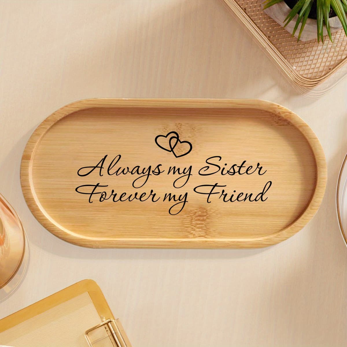 TEMU Bamboo Sisters Jewelry Tray - Oval Sister Gift With " My Sister Forever " -like Label, Makeup & Bathroom Countertop Organizer For Dressing Table, Coffee Cup Holder,, Jewelry Trays