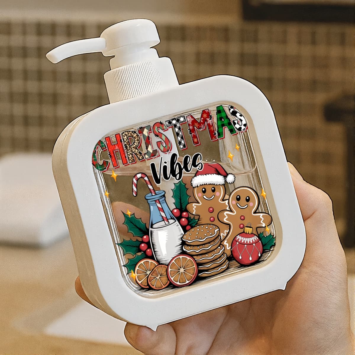 TEMU 1pc Pump Bottles Refillable Shampoo Bottle Dispenser Hand Pressure Makeup Pump Liquid Soap Dispenser Christmas Vibes Pattern Detergent Hand Sanitizer Travel Packaging Creative Lotion Bottle
