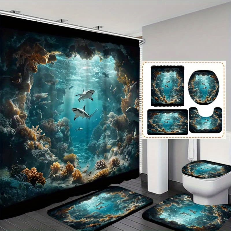 TEMU /4piece Shower Curtain Set Shows Scenes Such As Coral Surrounding Underwater Caves And Swimming Sharks. The Titles Are For Your Reference: 1 Deep Sea Caverns: Of Sharks And