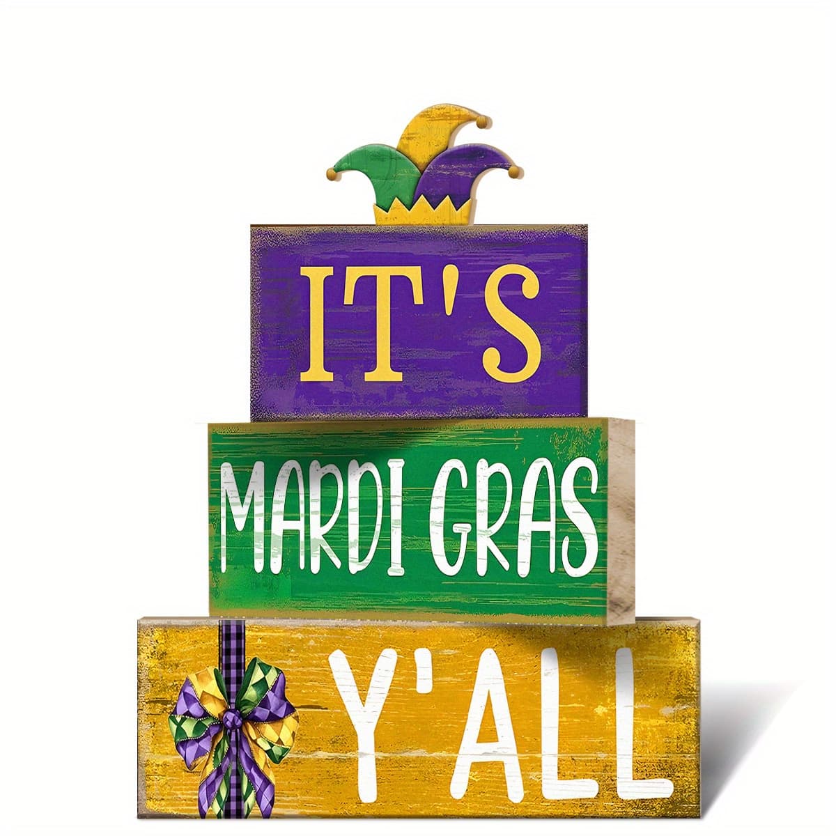 TEMU Set Of 4 Mardi Gras Tabletop Decorations Featuring Wooden Jester Hats, A Tiered Tray, And A Stack Of Books In Purple, Golden, And Green, Perfect For Indoor Centerpieces During The Carnival Season