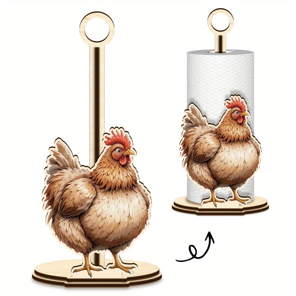 TEMU Hen Shaped Wooden Kitchen Paper Towel Holder | Single Layer, Surface Mount, Countertop And Table Towel Rack For Paper Towel And Cling Film Roll Storage