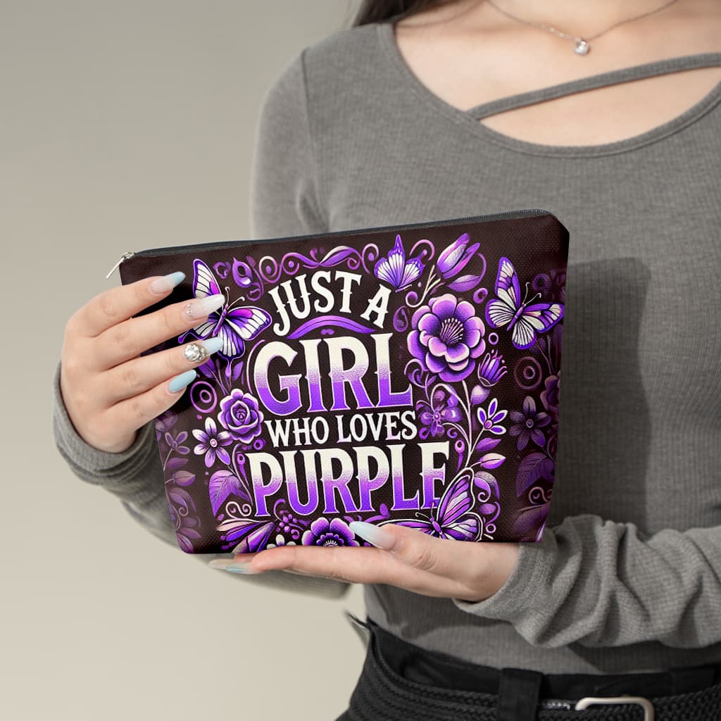 TEMU Makeup Bag, Loving Purple Linen Bag For Women, Reversible Printed Zipper Closure, Multifunctional Organizer For Makeup, Pencils, Travel Essentials - Ideal Gift For Her