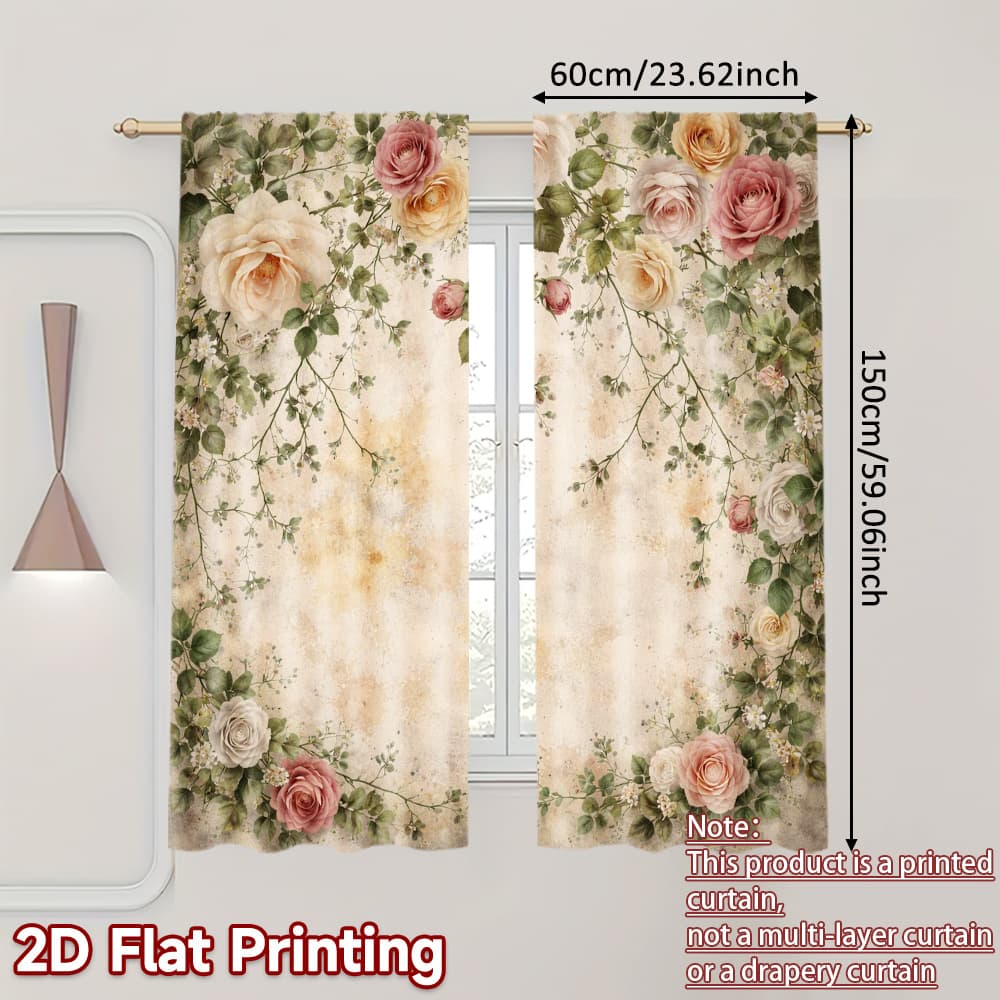 TEMU 2pcs, 2d Flat Printing Polyester Material, Hd Digital Printing Floral Hanging Roses, Modern Filter Curtains, For , Gyms, Study Rooms, And Other Spaces (without Bars)