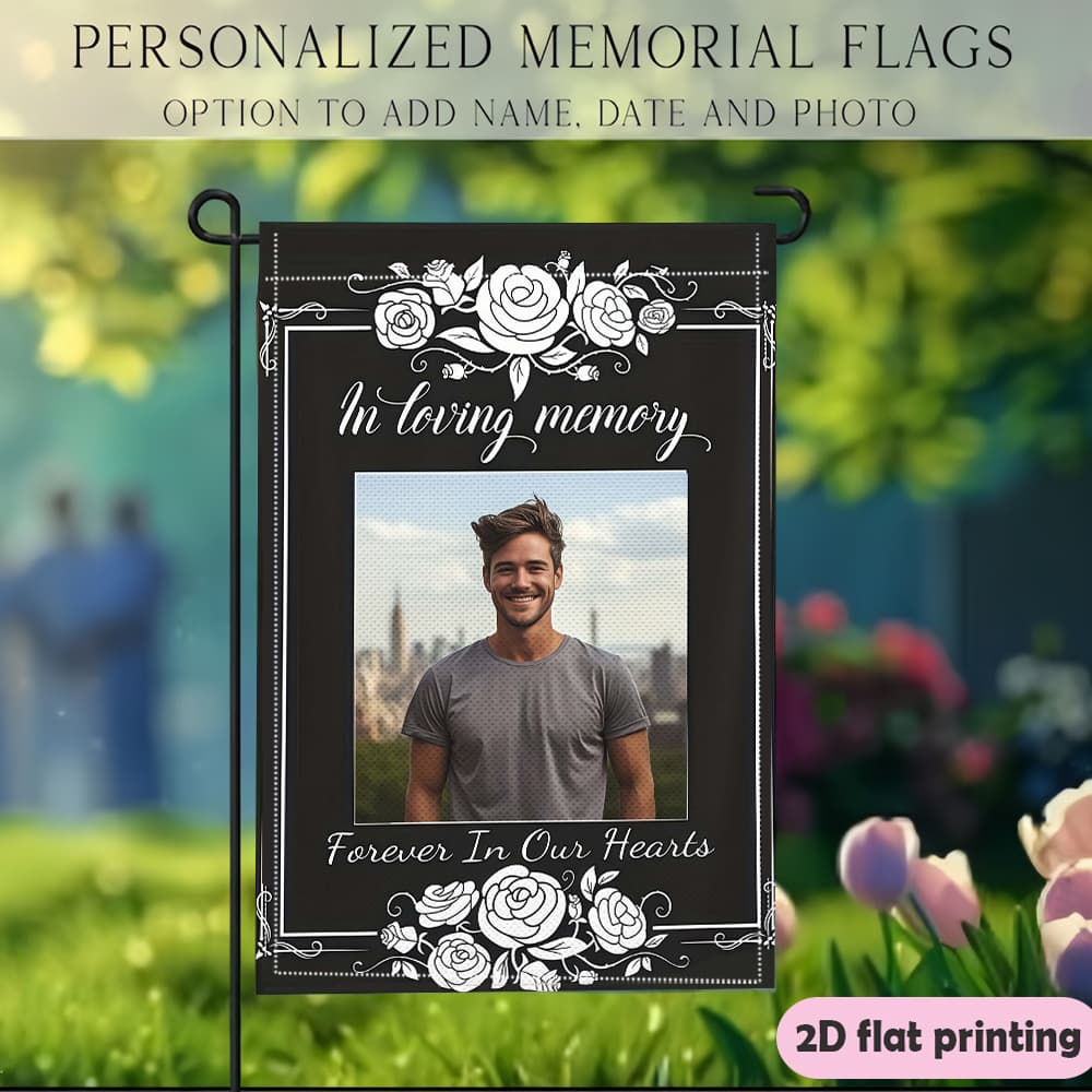 TEMU 1pc Customizable Memorial Garden Flag. White Floral Borders Top,black Background. Personalized Custom Photo,durable Polyester, Outdoor Flagpole, Holiday Courtyard Flag.