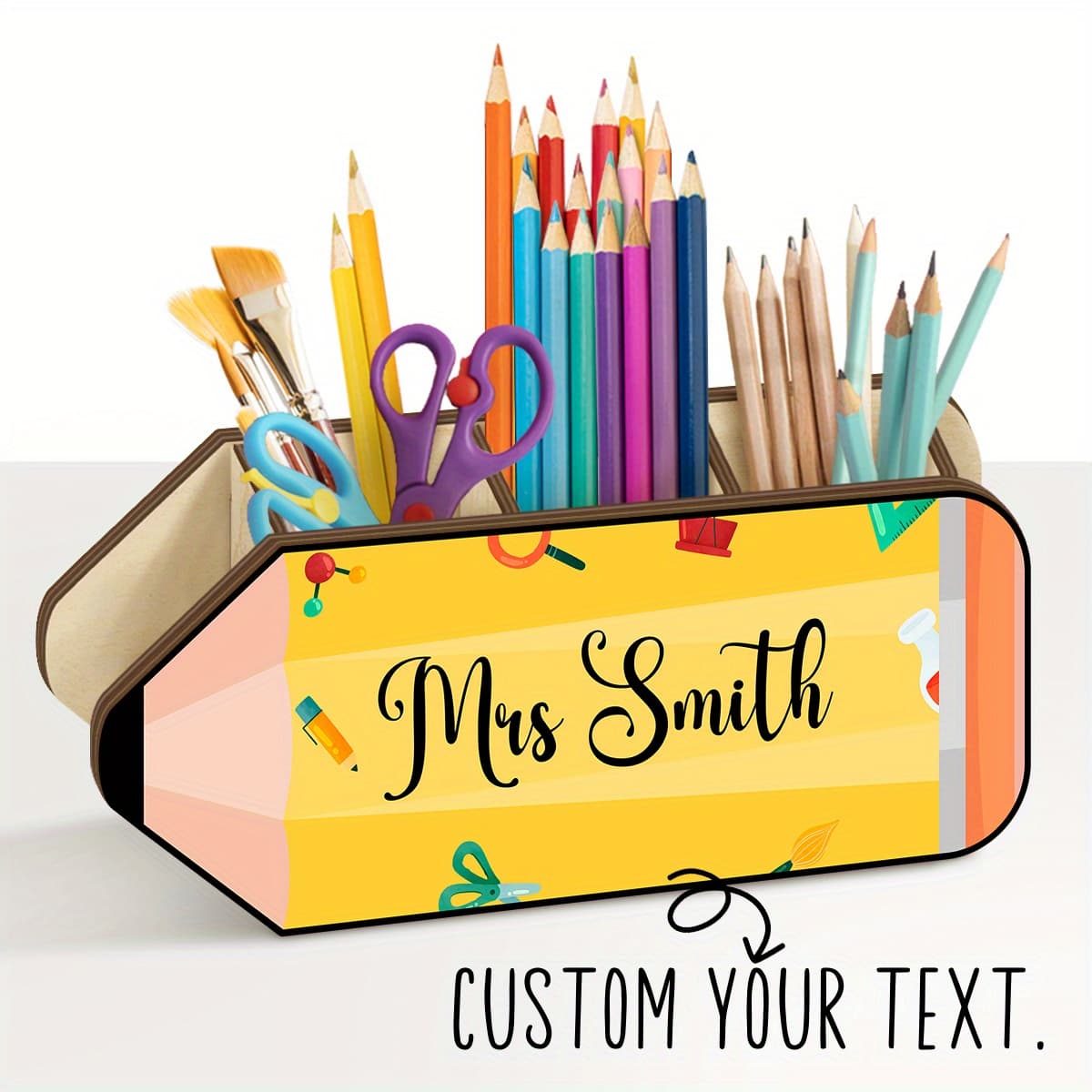 TEMU 1pc Customizable Pencil Shape Pen Holder, Painted Desk Organizer, Customize Or Any Text, Teacher Appreciation Gift, Desk Pen Holder, Gift For Teachers, Storage For Pens, Brushes