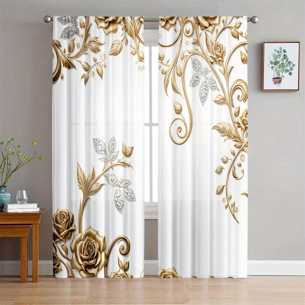TEMU 1 Set Of 2pcs, Modern Golden Geometric Pattern Art Decoration, Elegant Golden Floral Curtains For Living Room, Very Suitable For Bedroom, Living Room, Kitchen Home Window Decoration Curtains