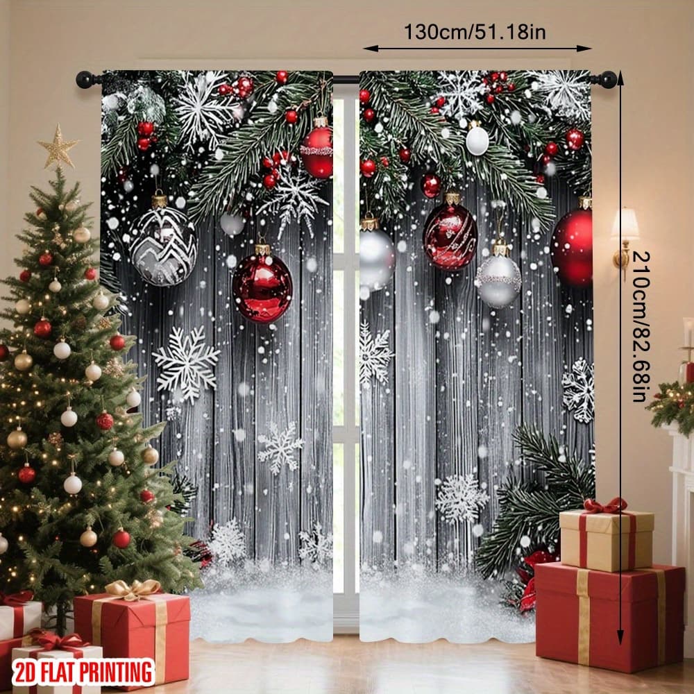 TEMU 2d Flat - 2d Flat - 2d Flat Printing 2pcs Merry Christmas Curtain With Snowflakes, Red Balls And Versatile Fabric Without Electricity Use For Holiday Parties Home Decor And Studio Props