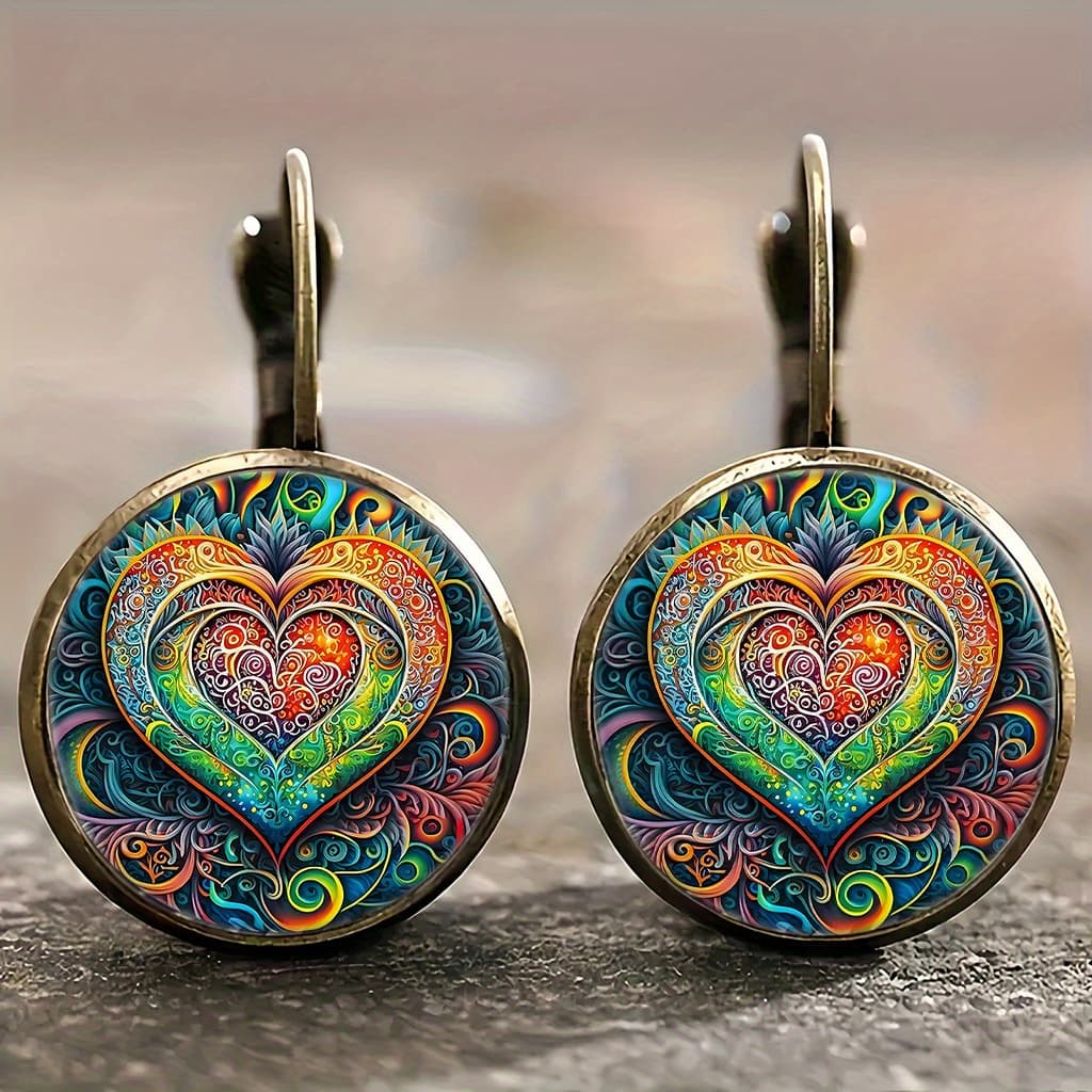 TEMU Alloy Retro Round Earrings, Colorful Mandala Heart-shaped Pattern Retro Earrings, Light Additions, Easy And Fashionable Style, Daily Versatile Earrings, Gift , Suitable For A Of Occasions