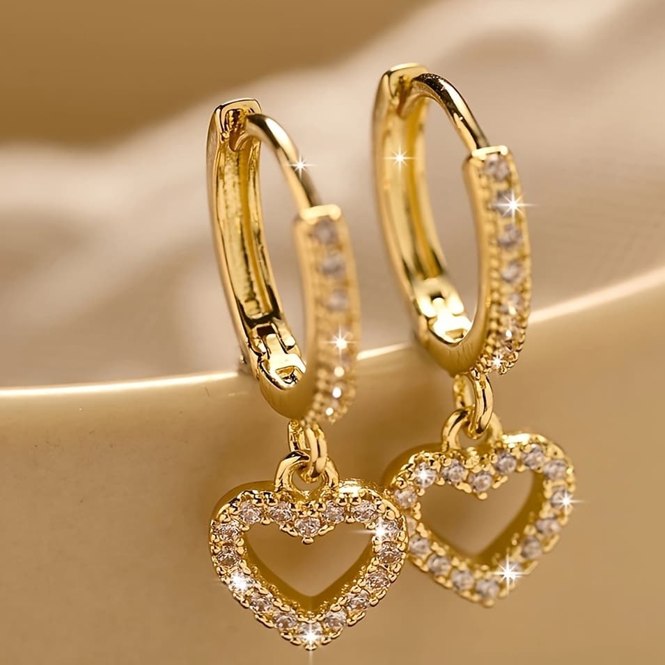TEMU 1 Pair French Vintage Inlaid Synthetic Zirconia Ring Pendant Heart-shaped Earrings, Elegant Temperament, Gift For Her