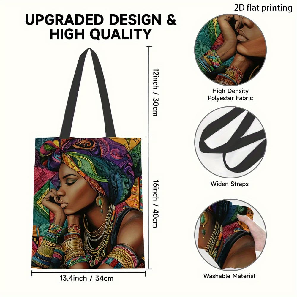 TEMU 1pc African Animal Print Handbag - Durable Polyester Large Capacity Shopping Bag With Sturdy Handles, Vibrant African Woman Art Design For Women, Work, Travel & Daily Use, Highquality Fabric