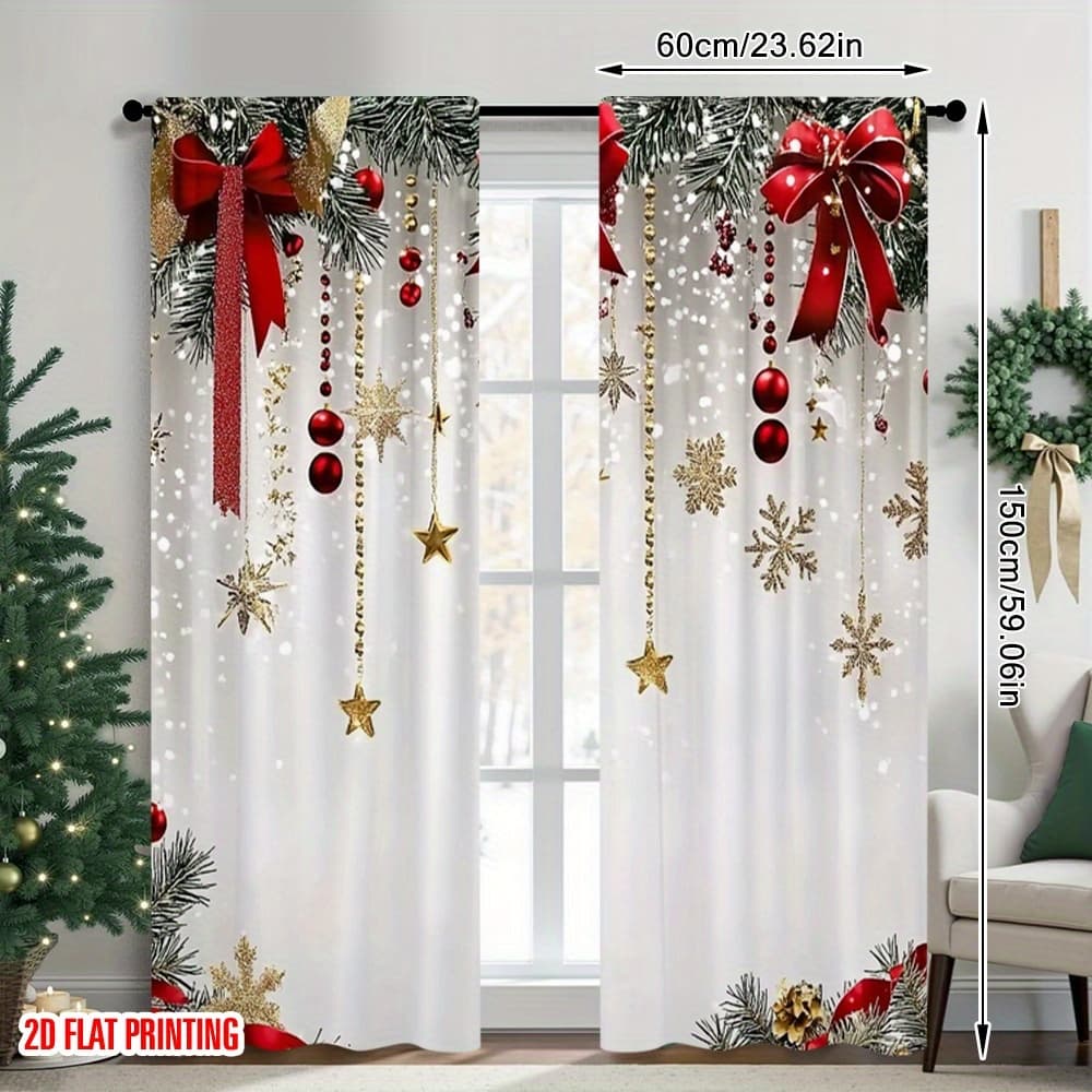 TEMU 2d Flat Printing 2pcs Merry Christmas Drapes Red Bow Fabric Without Electricity Use For Booths Studio Props