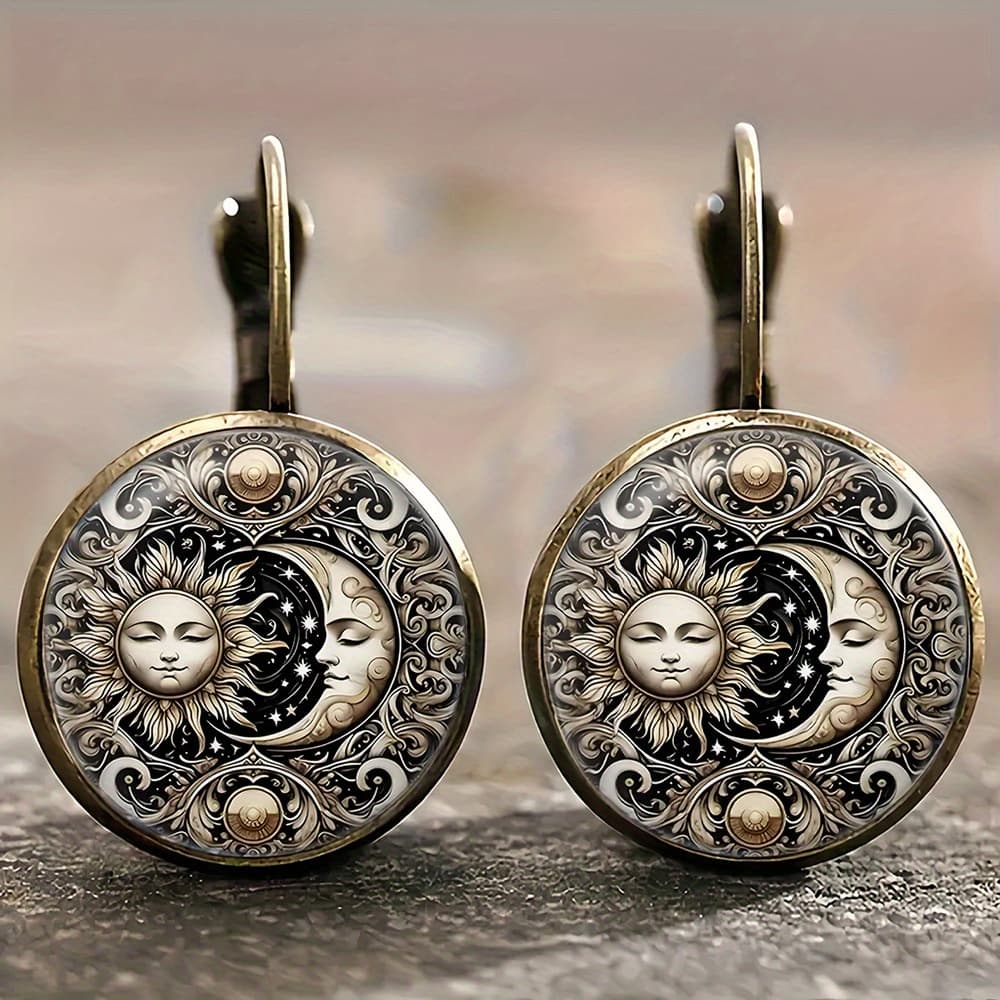 TEMU Vintage-inspired Circular Earrings Made Of Alloy, Featuring Of The Sun And. Elegantly Retro Earrings Are Light Pieces That With Fashion. Are Versatile For Everyday Wear And Make A Great