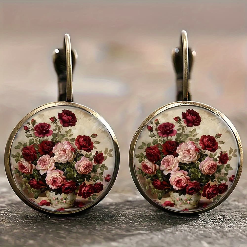 TEMU Vintage-inspired Round Earrings Made Of Alloy, Featuring A Flower Still . Lightweight Pieces Are Stylish And Versatile For Everyday Wear, Making Them A Great Gift For Events