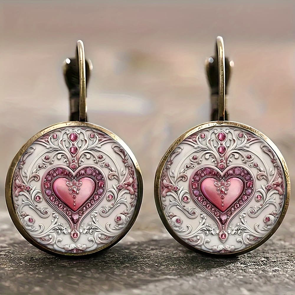 TEMU Alloy Retro Round Earrings, Pink Gem Heart-shaped Decorative Pattern Retro Earrings, Light Additions, Easy And Fashionable Style, Daily Versatile Earrings, Gift , Suitable For Many Occasions