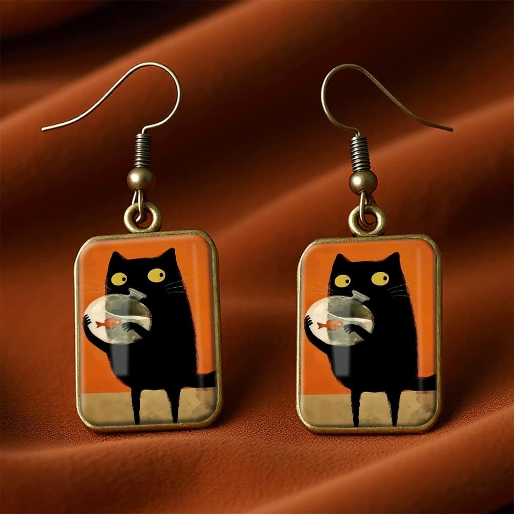 TEMU 1 Pair Of Black Cat Holding Fish Tank Ornamental Fish Retro Square Earrings Pendant Handmade Jewelry Gift For