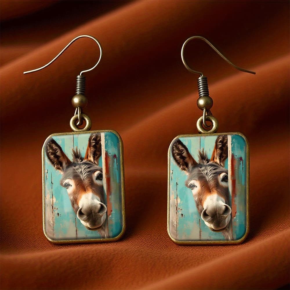 TEMU A Set Of Vintage Square Earrings Featuring A Donkey Peeking Through A Wooden Fence, Handcrafted Jewelry Perfect For Gifting To For