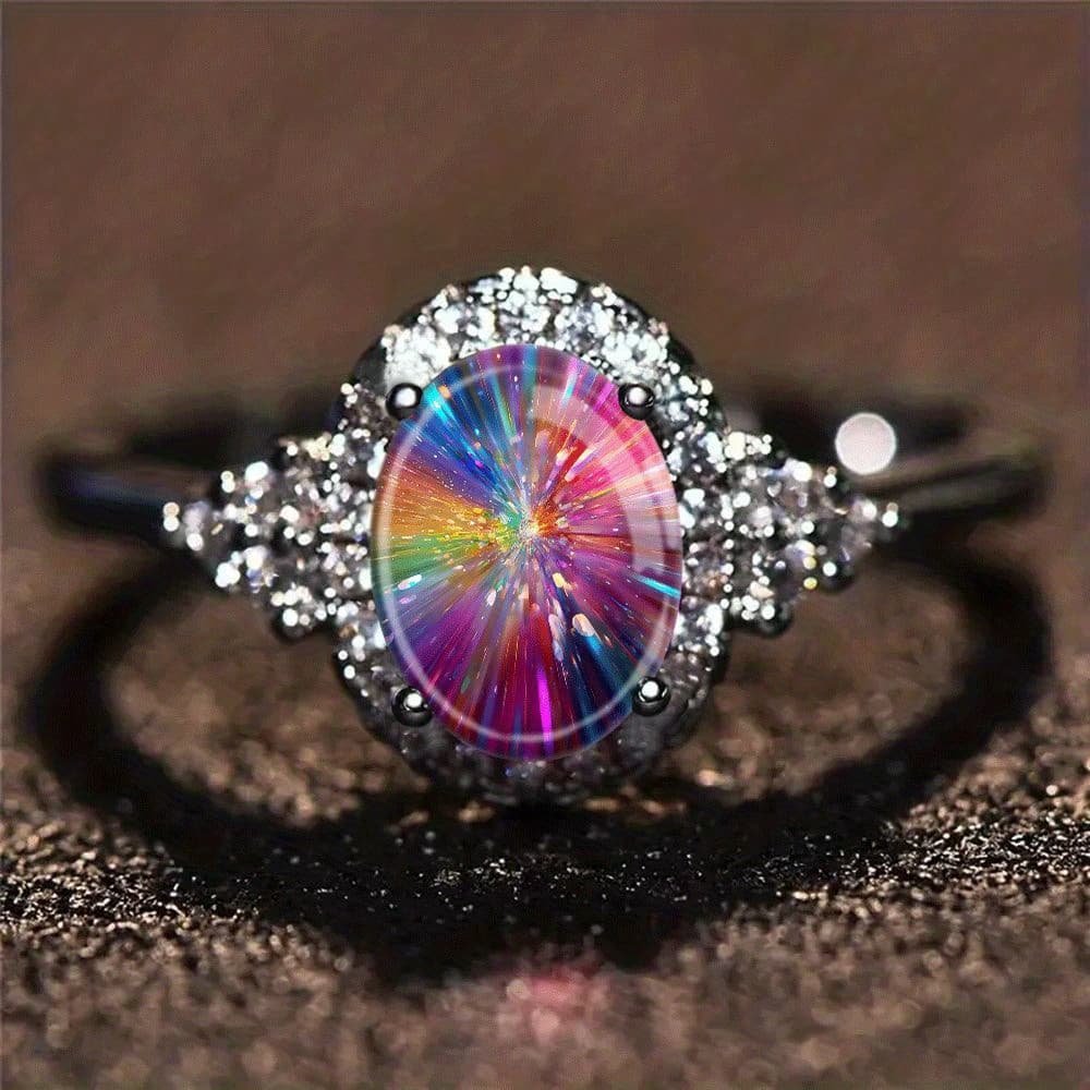 TEMU Multicolor Iridescent Rainbow Beam Ring - Oval Iridescent -like Center Stone With Black &, Elegant Wedding/anniversary/valentine's Gift For, Affordable , For Teenager