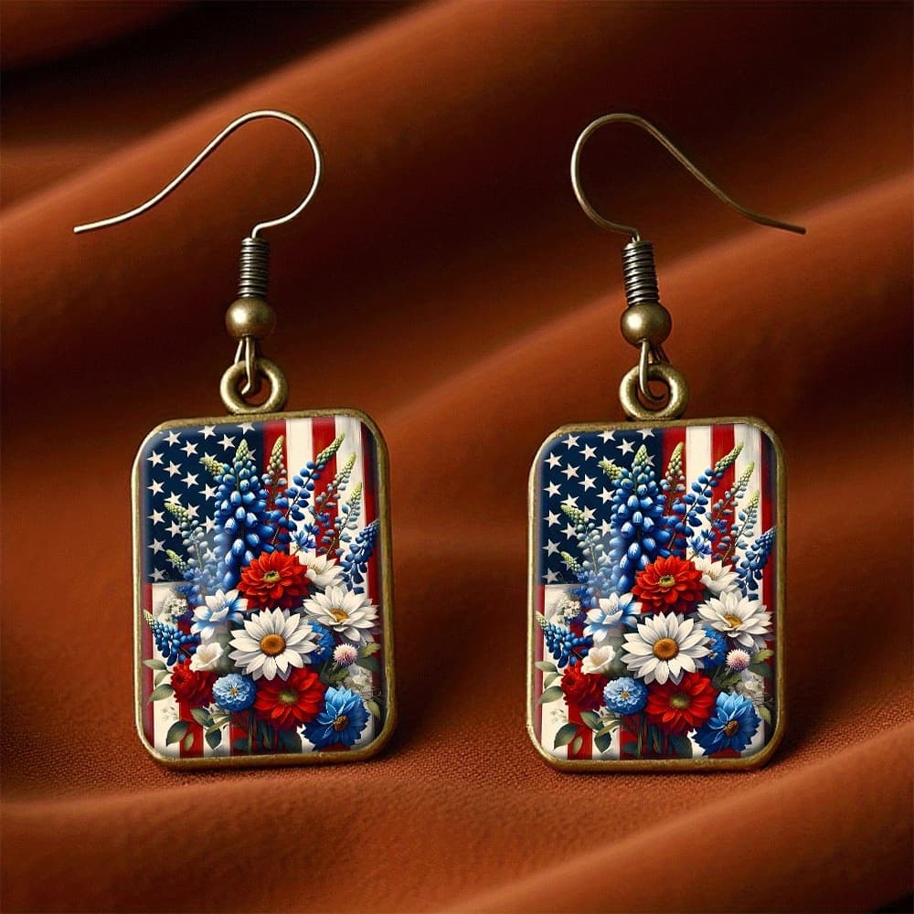 TEMU A Set Of Vintage Square Earrings Featuring A Patriotic Bouquet And American Flag, Perfect As A Handmade Jewelry Gift For