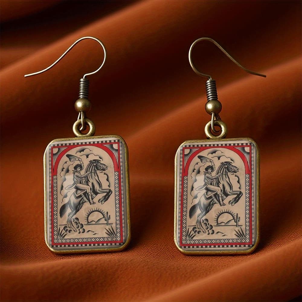 TEMU A Set Of Vintage Square Earrings Featuring Cowboy Riding In A Sunset Desert Theme, Perfect As A Handmade Gift For