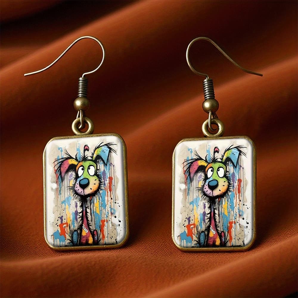 TEMU A Set Of Handmade Retro Square Earrings Featuring A Colorful Cartoon Dog In A Graffiti Style, Perfect As A Gift For