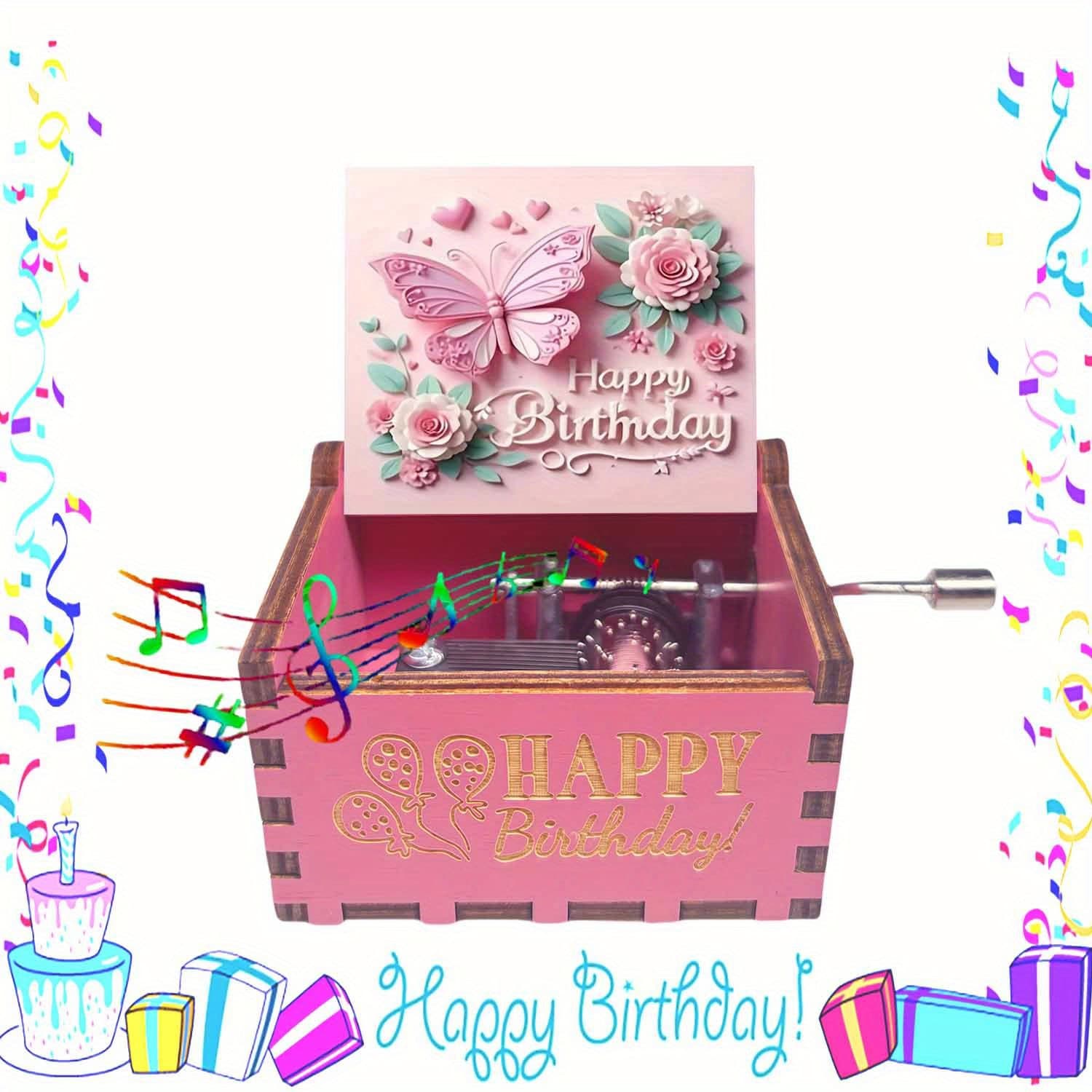 TEMU 1pc Vintage Wooden Hand-cranked Music Box - Happy Birthday Theme, Floral Greeting Pattern, Birthday Gift For , Ideal For Holiday, New Year's Gift, Home Decor Item, Musical Boxes & Figurines