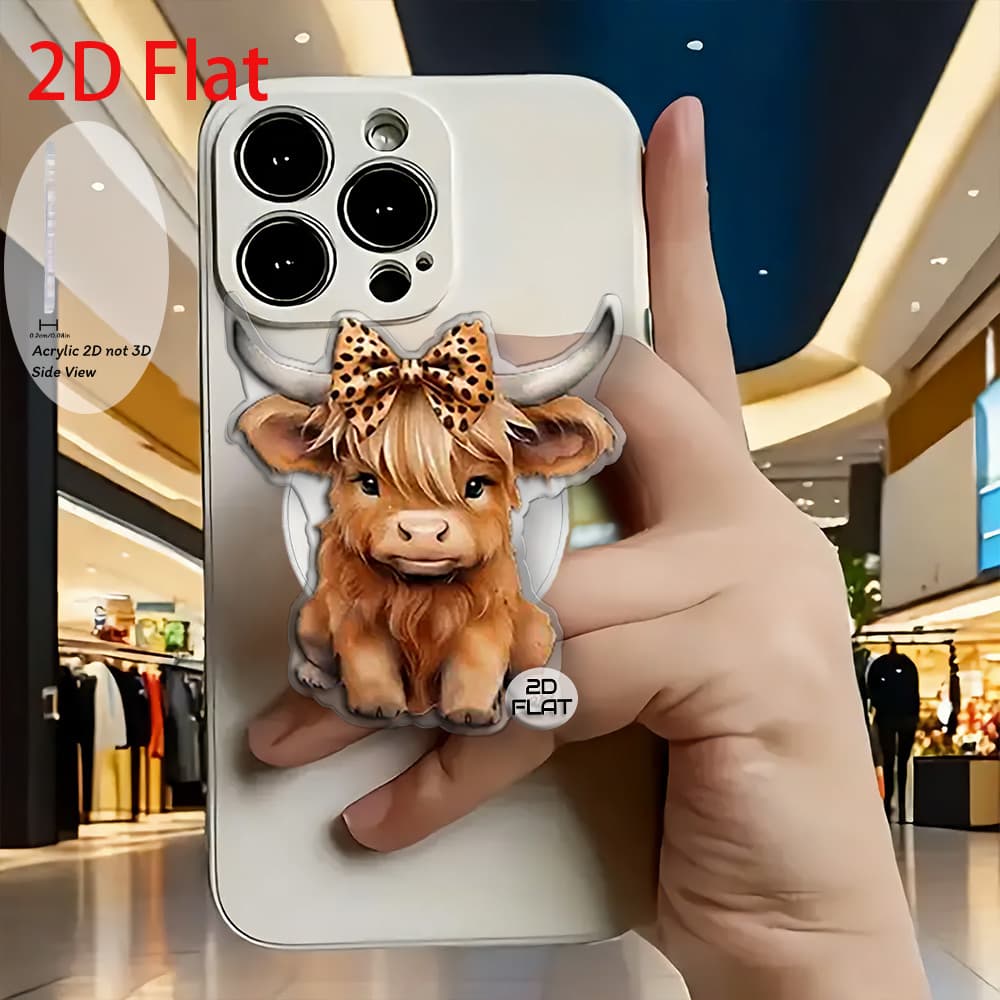 TEMU 2d Flat Fashionable Cow With Leopard Print Bow Acrylic Retractable Phone Stand, Pop- Holder