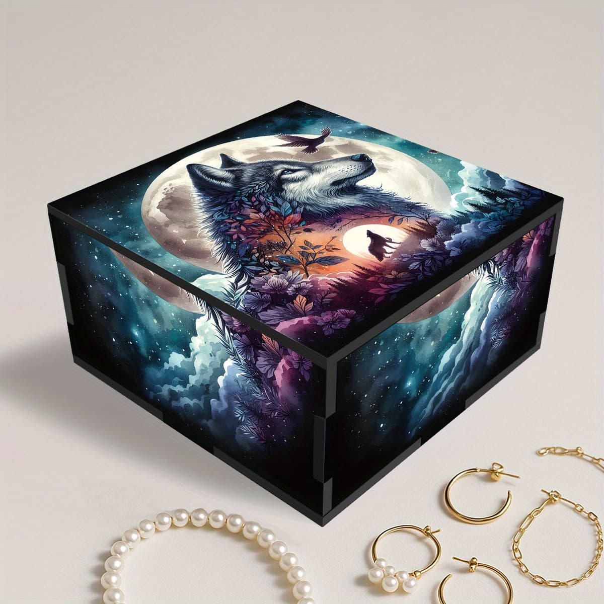 TEMU 1pc Acrylic Splicing Lidded Storage Bin, Stained , Wolf And Themed Jewelry Box, Suitable For Jewelry Small Item Storage Box, Home Storage Decoration Box