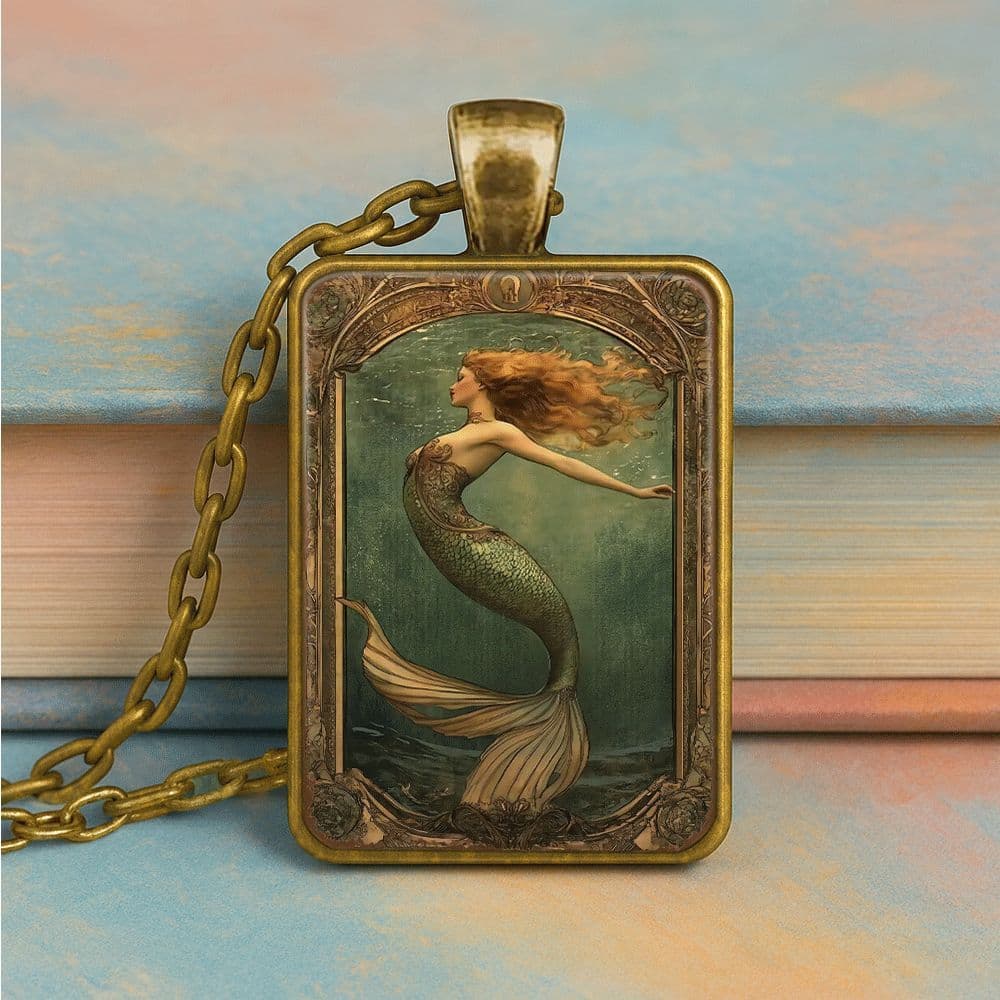 TEMU Stylish And Chic Mermaid-themed Underwater Artwork, Featuring A Pendant And Keychain - Minimalist Square Design, , Perfect For A Romantic Gift