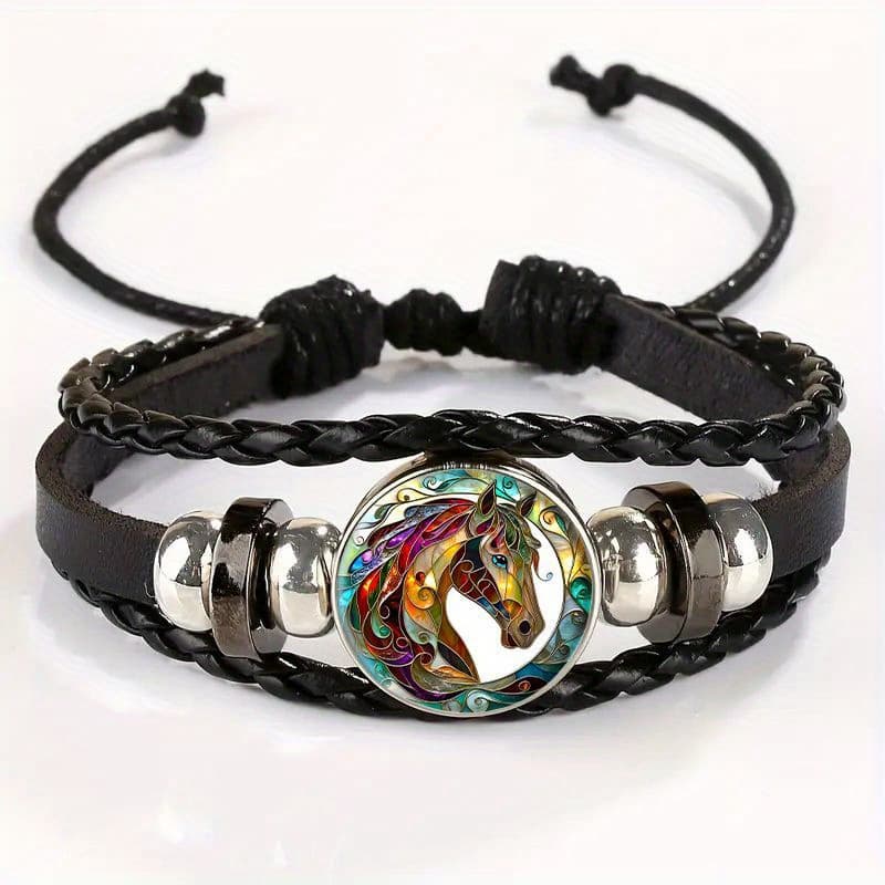 TEMU Adjustable Vintage Bracelet With Stained Glass Horse Artwork - Black Leather Wristband, , Durable & Stylish For Casual Attire Gift , For Teenager