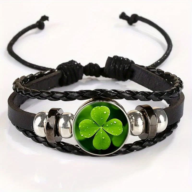 TEMU Adjustable Vintage Bracelet With Clover, Water Drop, Green, Pendant - Stylish Black Faux Leather Wristband For Everyday Wear Or Gift , For Teenager, For Teenager