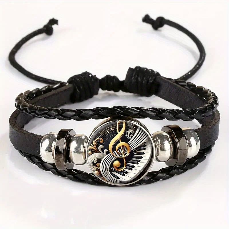 TEMU Adjustable Vintage Bracelet With Golden Musical Note And Black And White Piano Key Charms - Stylish Black Leather Wristband For Casual Attire Gift , For Teenager
