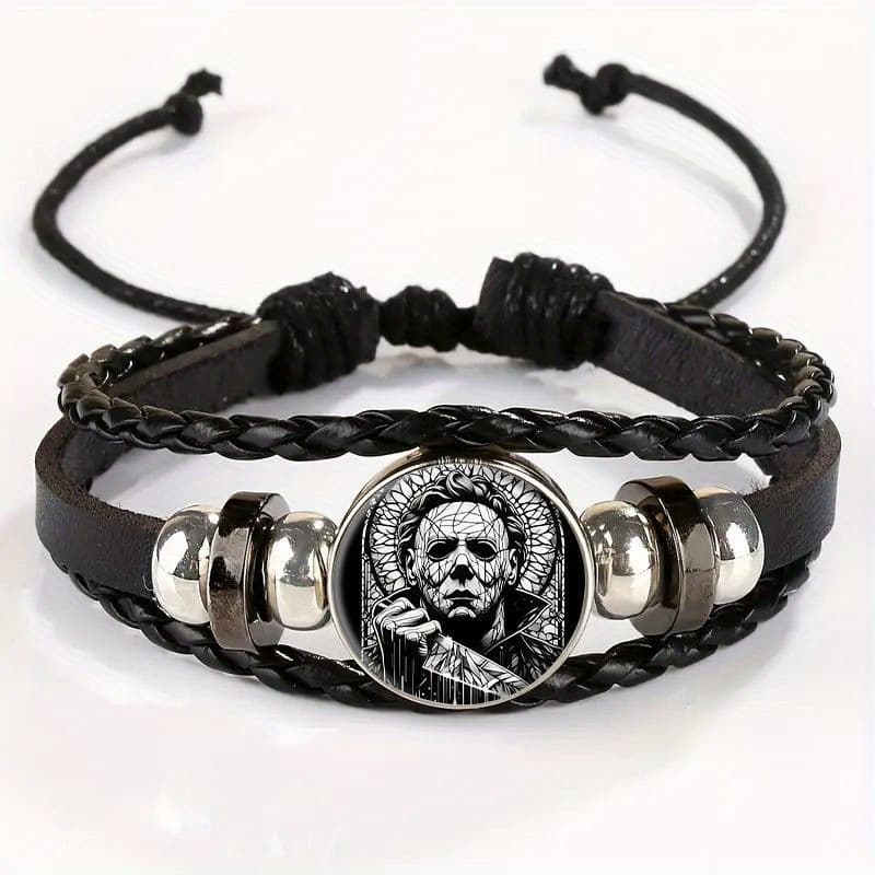 TEMU Adjustable Vintage Horror Movie Character Bracelet - Black Leather Wristband With Black & White Portrait Pendant, Spooky Gothic Jewelry For Casual Attire Gift , For Teenager