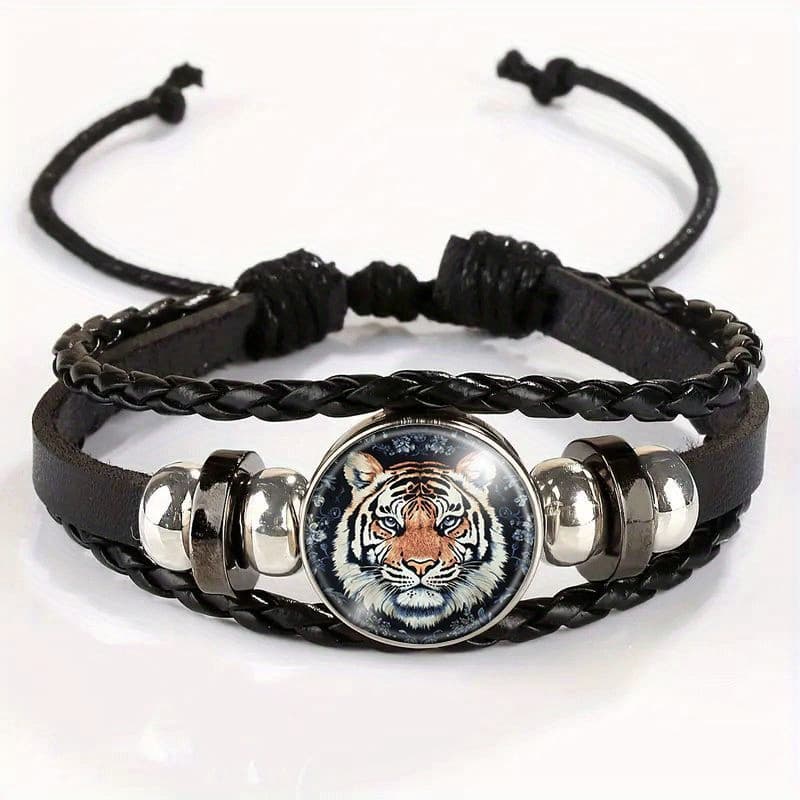 TEMU Adjustable Vintage Bracelet With Tiger Pattern Vintage Earrings Pendant - Stylish Black Leather Wristband, Mixed , Durable Everyday Jewelry Gift For, For Teenager