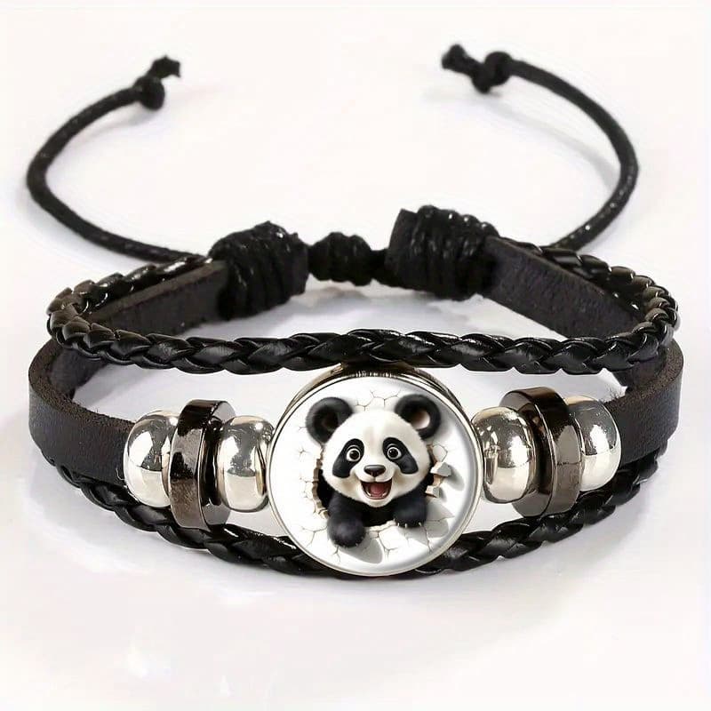 TEMU Adjustable Vintage Bracelet With Cute Panda Wall Pendant - Stylish Black Leather Wristband, Daily Wear Or Gifting, For Teenager