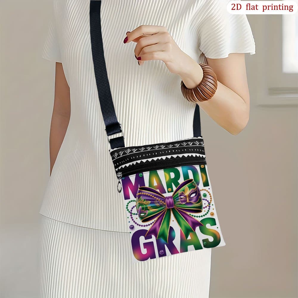 TEMU 1pc [2d Flat Printing] Mardi Gras Mask Bow Crossbody Bag For Everyday Use, Assorted Colors Casual Small Party Gifts For Weddings, Ideal For Beach And Daily Tasks