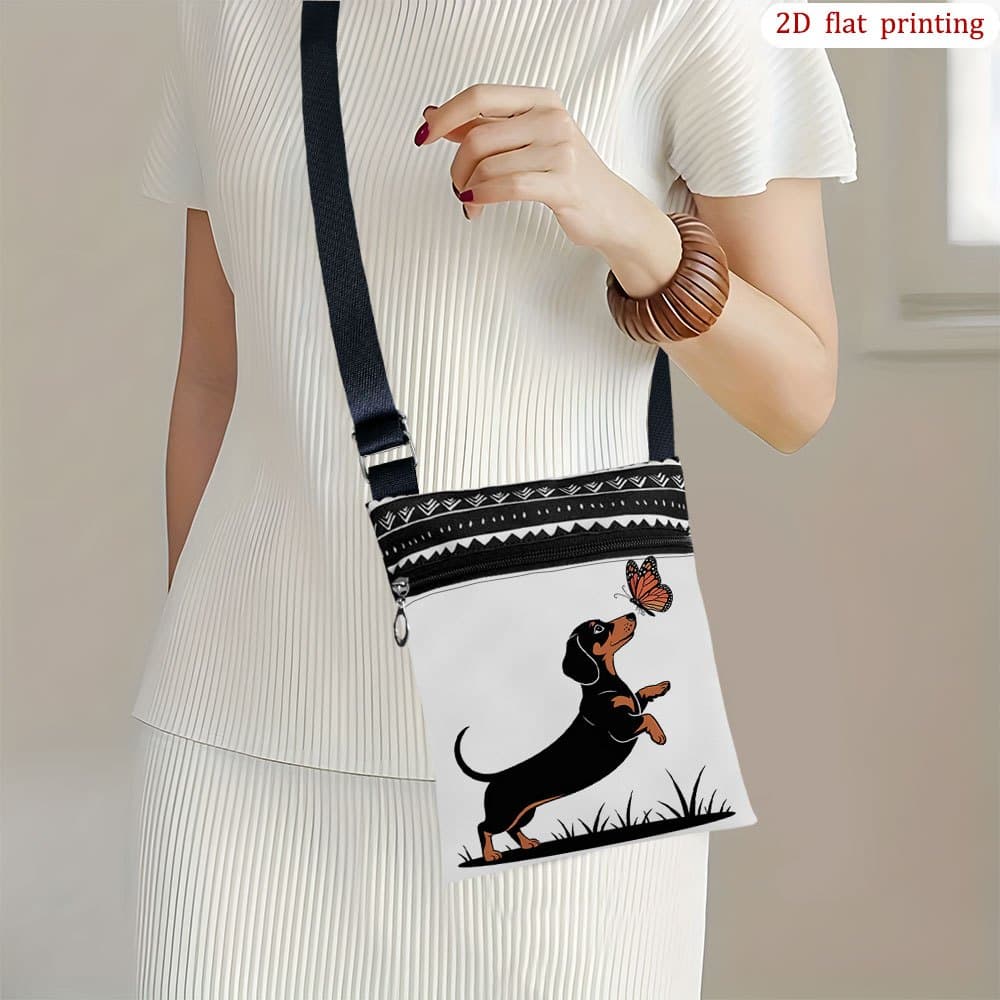 TEMU 1pc Dachshund & Crossbody Bag - Casual Small Purse With Adjustable Strap & Zipper Closure, Cute Dog & Print Handbag Suitable For Travel, Camping, Everyday Use, Gift For Pet Lovers, 2d Flat