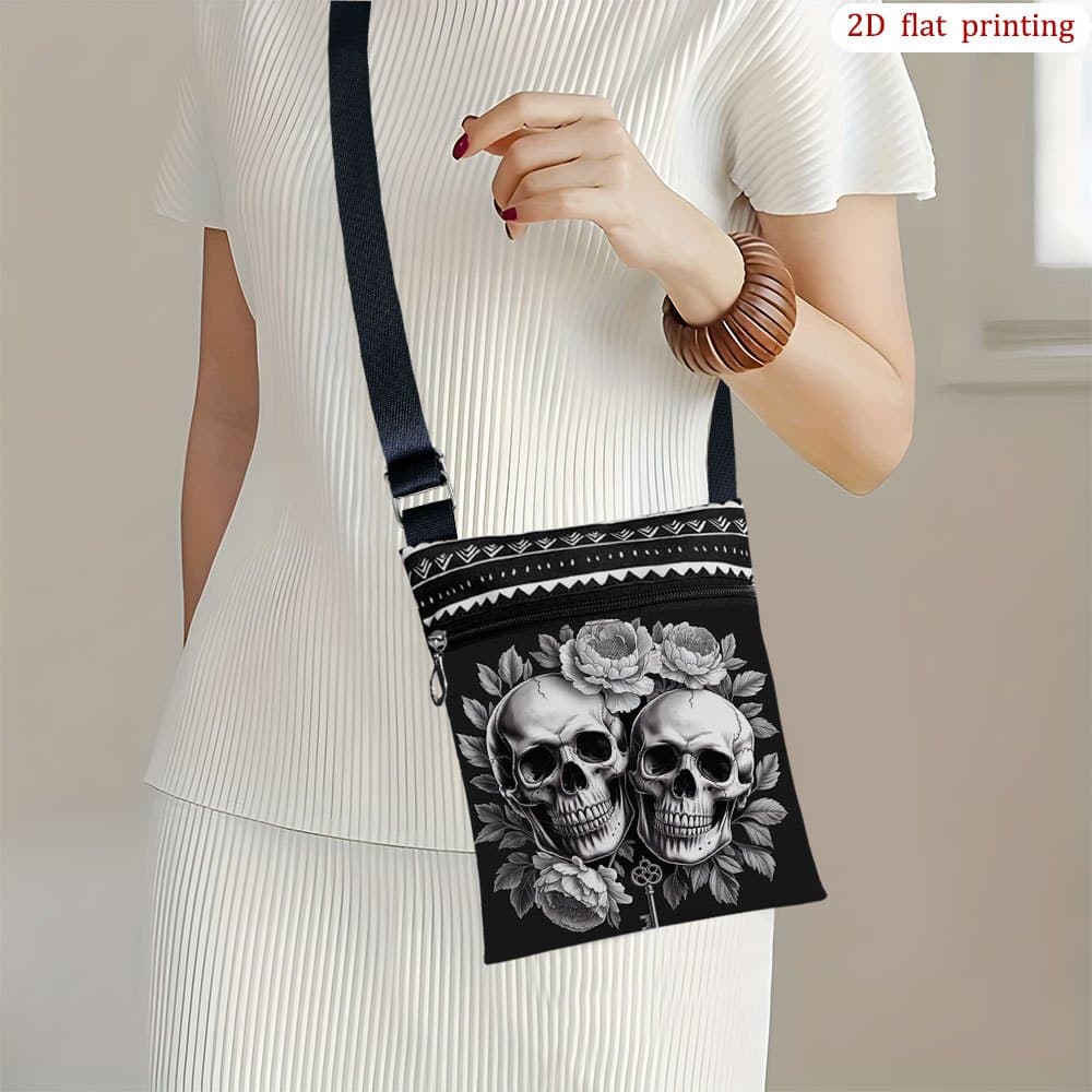 TEMU 1pc 2d Flat Printing Skull Flower Crossbody Bag | Vibrant Patterns, Stylish Lightweight, Suitable For Travel, Camping, Everyday Use, Durable Fabric, Adjustable Strap, Zipper Closure