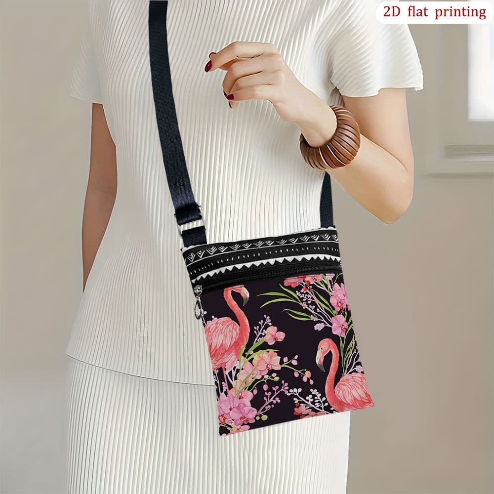 TEMU 1pc Flamingo & Leaf Print Crossbody Bag With Adjustable Strap - Black Zipper Closure, Durable Handbag Suitable For Casual, Party, Commuting, Gift For Anniversary, 2d Flat
