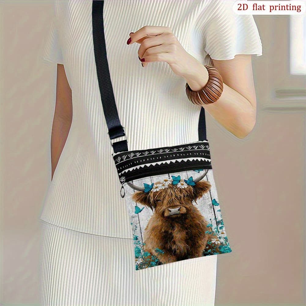 TEMU 1pc Blue & Highland Cow Crossbody Bag With Adjustable Strap, Zipper Closure - Cute Scottish Print Handbag, Durable Phone Purse For Beach Trips, Parties, Daily Use, 2d Flat