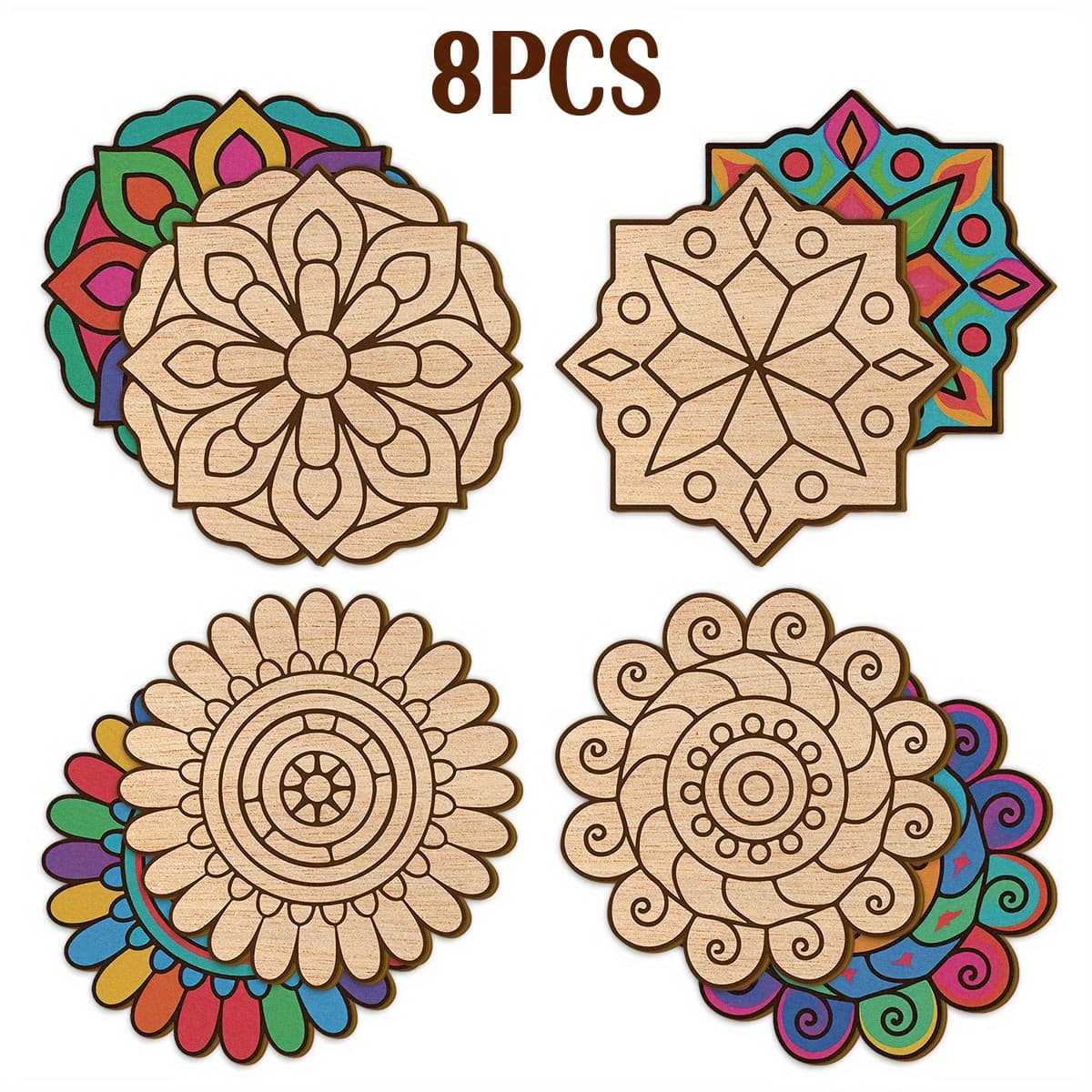TEMU 8pcs Large Wood Mandala Coloring Kit With Stickers - Pre-cut Templates (stars, Flowers, Hearts) For Diy Paintable Ornaments, Art Supplies For S &, Therapeutic Craft Activity, Decorative Craft Set