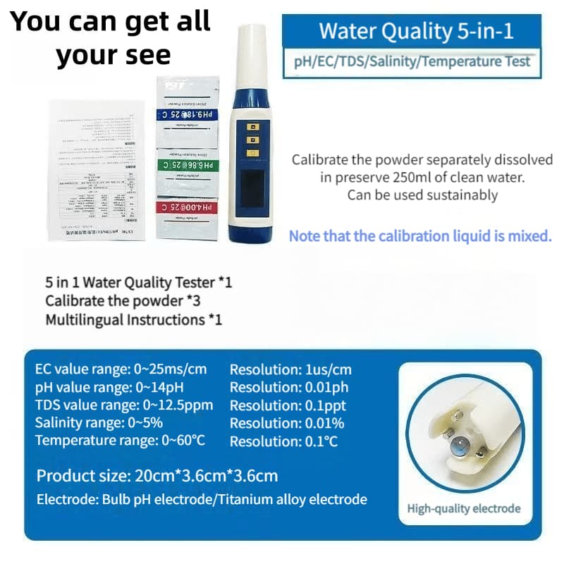 TEMU Professional Water Quality Tester Ph+tds+ec+temperature+ Water Test Pen With Probe Stable Fast Includes Ph Calibration Powder Suitable For Fish Tanks, , Irrigation Water, Drinking Water