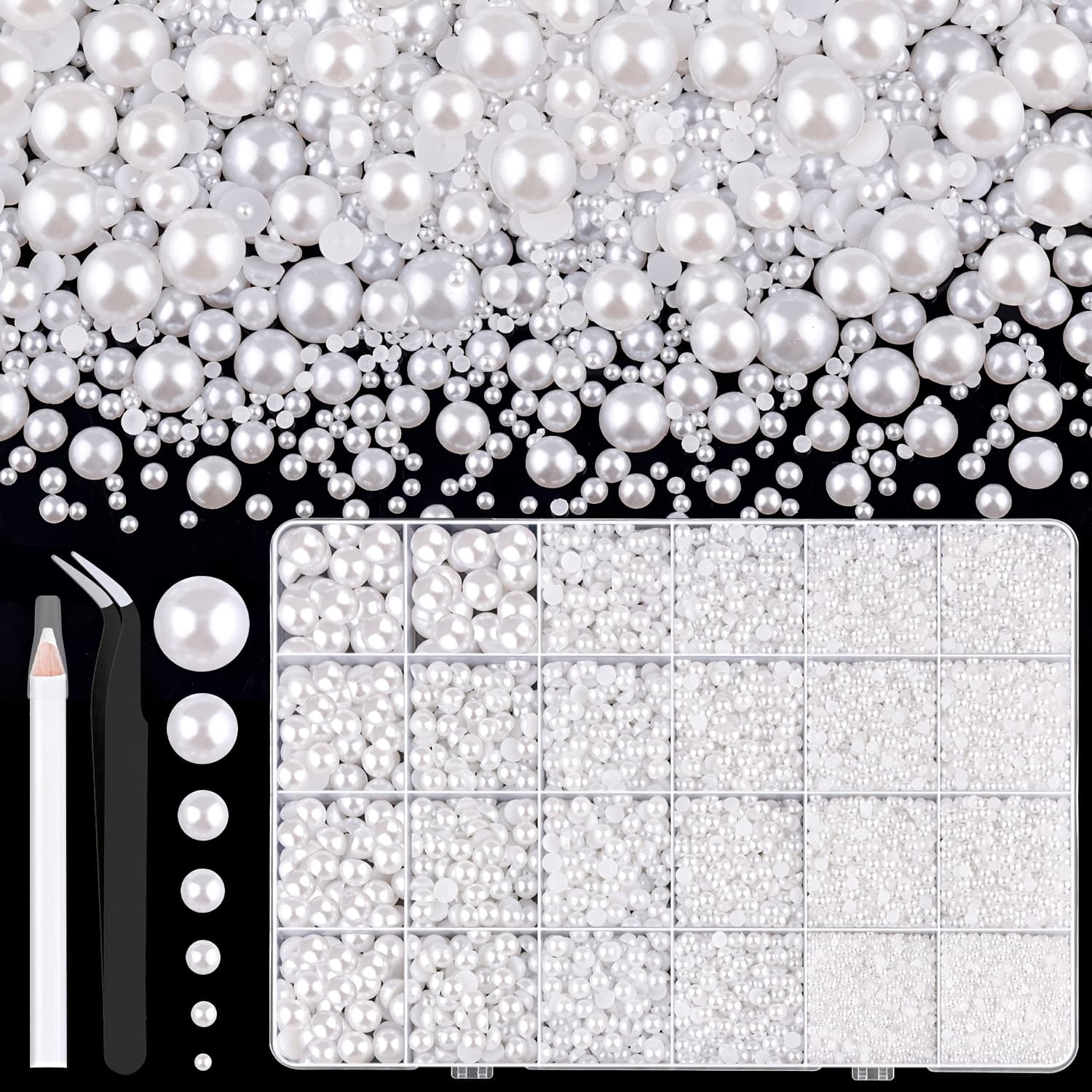 TEMU 2d Flat - 24 Grids Of 9600 Flat Back Pearls Handmade (white/beige), Sizes Of 2/3/4/5/6/8/10mm Half Pearls, With Tweezers, Used For Crafts, Clothing, Non-toppling Shoes, Nail Art, Etc