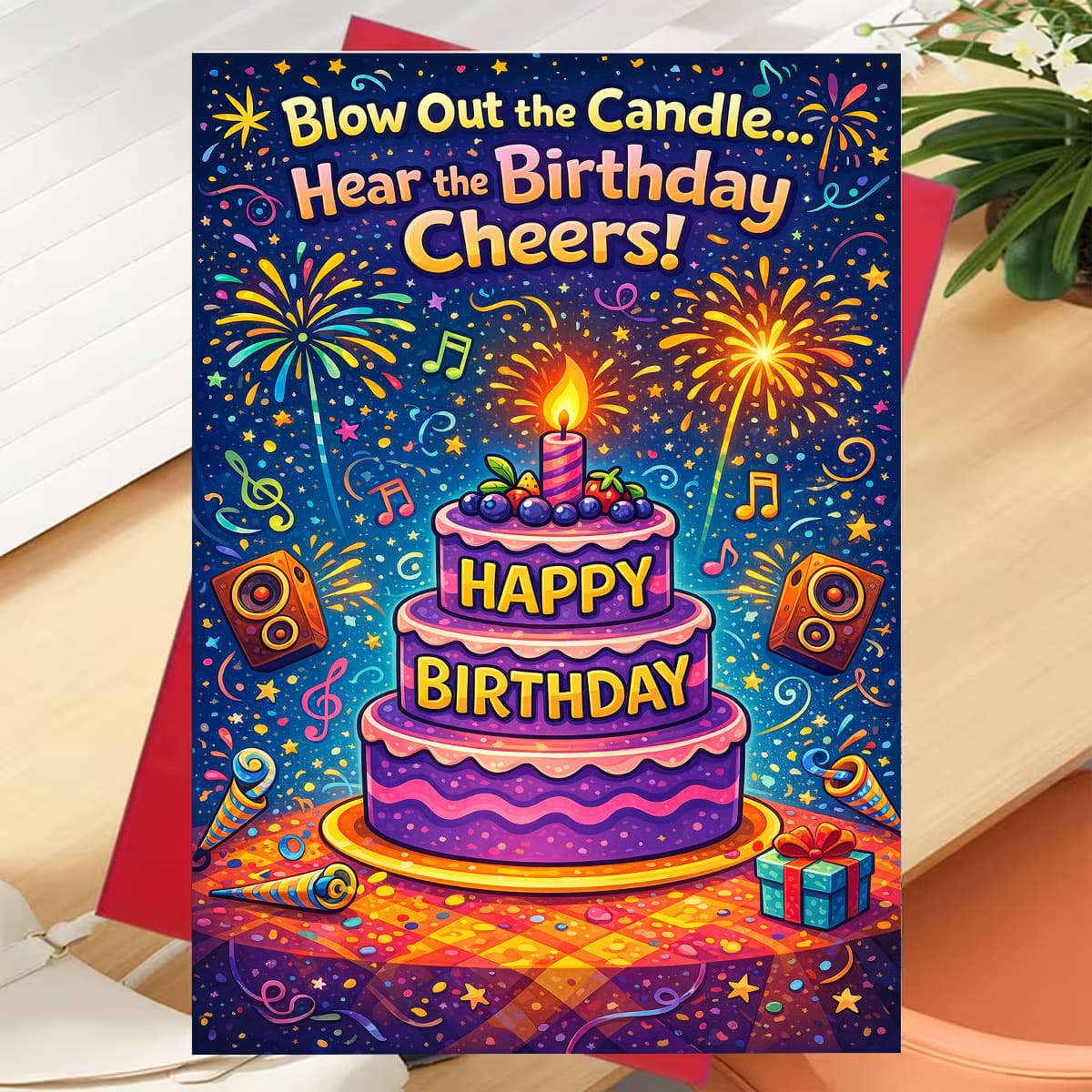 TEMU A Vibrant Birthday Card Featuring A Purple Cake, Fireworks, And Musical Notes, Accompanied By A Gift Box That "blow Out And Listen To The ." Perfect For And