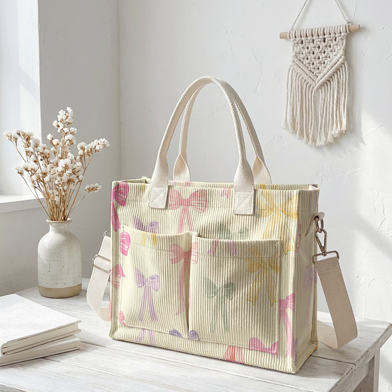 TEMU Colorful Bow Pattern 2d Printed Corduroy Tote Bag, Multi-pocket Large Capacity Commuter Bag, Handbag/crossbody Dual-use + Front Pocket + Versatile Style | Office Workers/students/ All-purpose