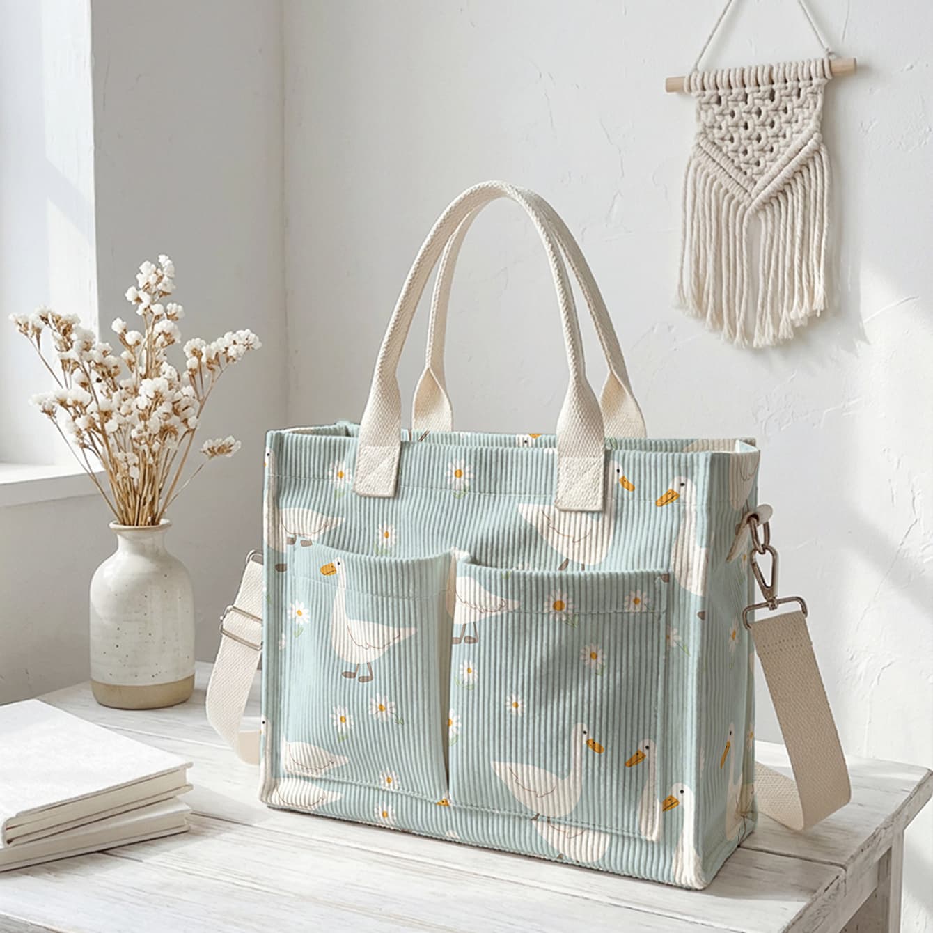 TEMU Daisy Pattern 2d Printed Corduroy Tote Bag, Multi-pocket Large-capacity Commuter Bag, Hand-held/crossbody Dual-use + Front Pocket + Versatile Style | Office Workers/students/short Trips All-match