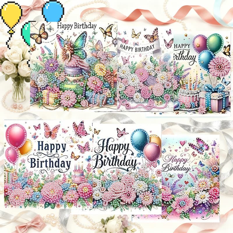 TEMU 6pcs Diamond Painting Greeting Card Set - Happy Birthday, Butterflies - Art, Birthday, Holiday, Card For Adults - Handmade Craft Party Gift - Mosaic Greeting Card With Envelope