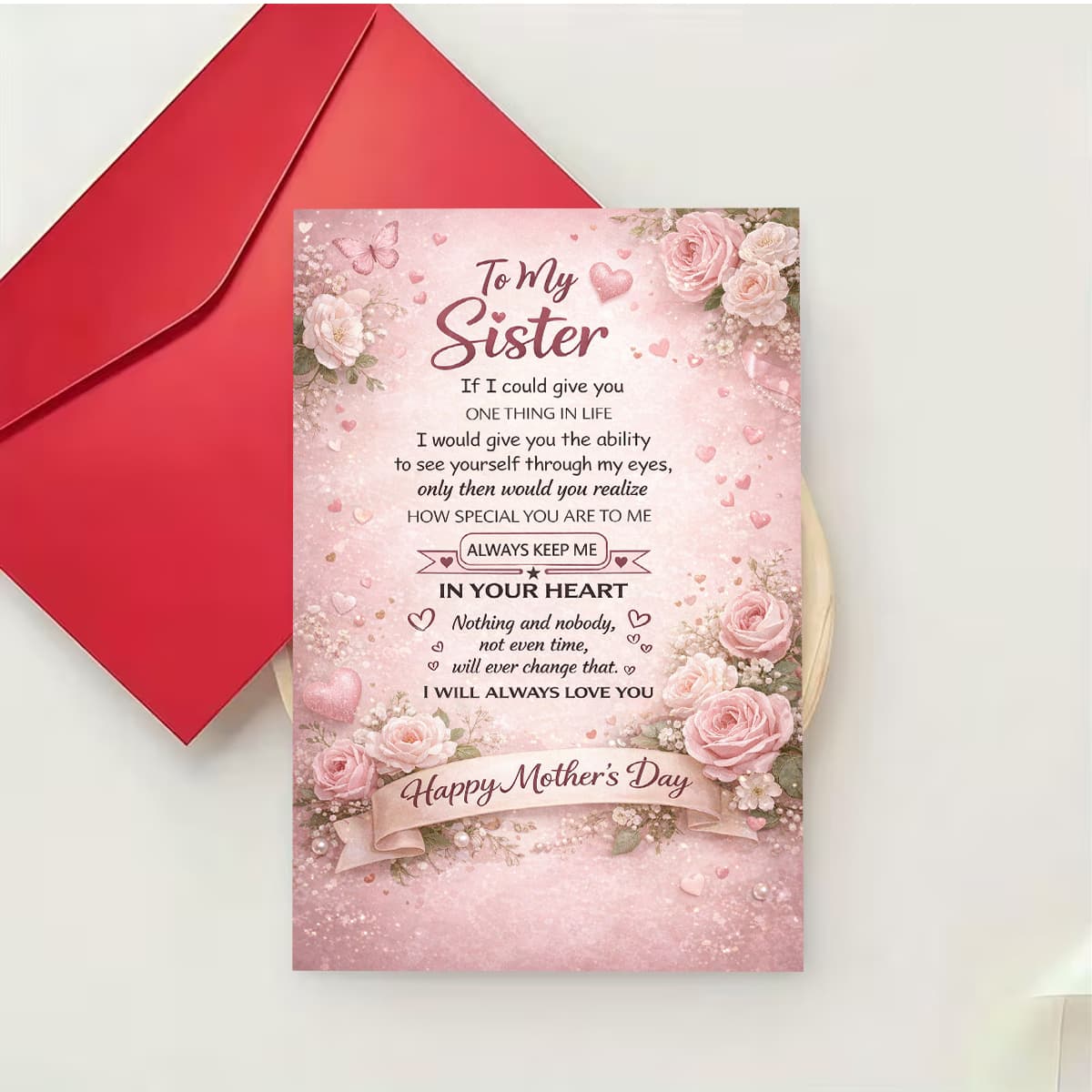 TEMU 1pc Elegant Mother' Day Greeting Card, And Hearts With To My Sister Text “ In Your Heart”, Suitable For Gifting To A Sister, Mother' Day, Romantic Pastel, Floral Style Greeting Card
